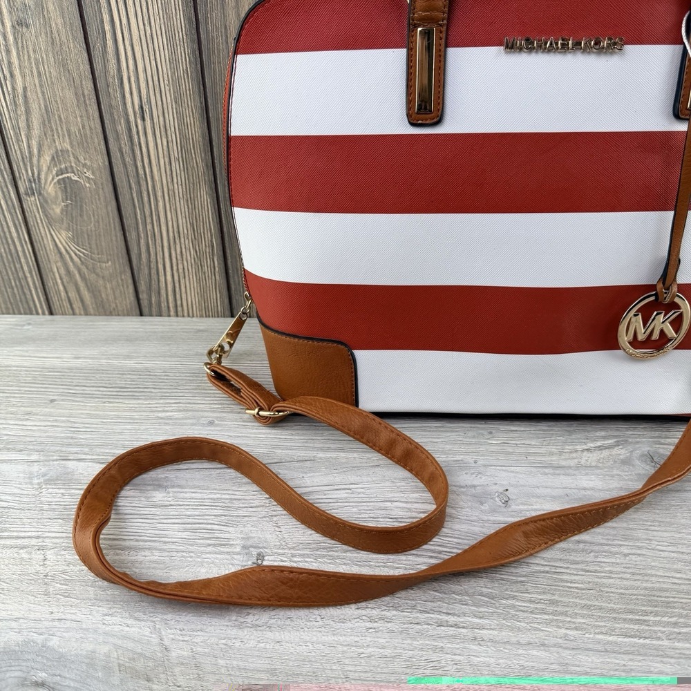 Michael Kors Red White Striped Satchel Crossbody Bag Gold Tone Charm Purse - Picture 5 of 16